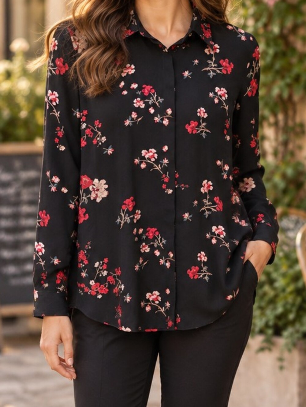 Lauren Ralph Lauren Black Floral Button-Up Blouse Lightweight